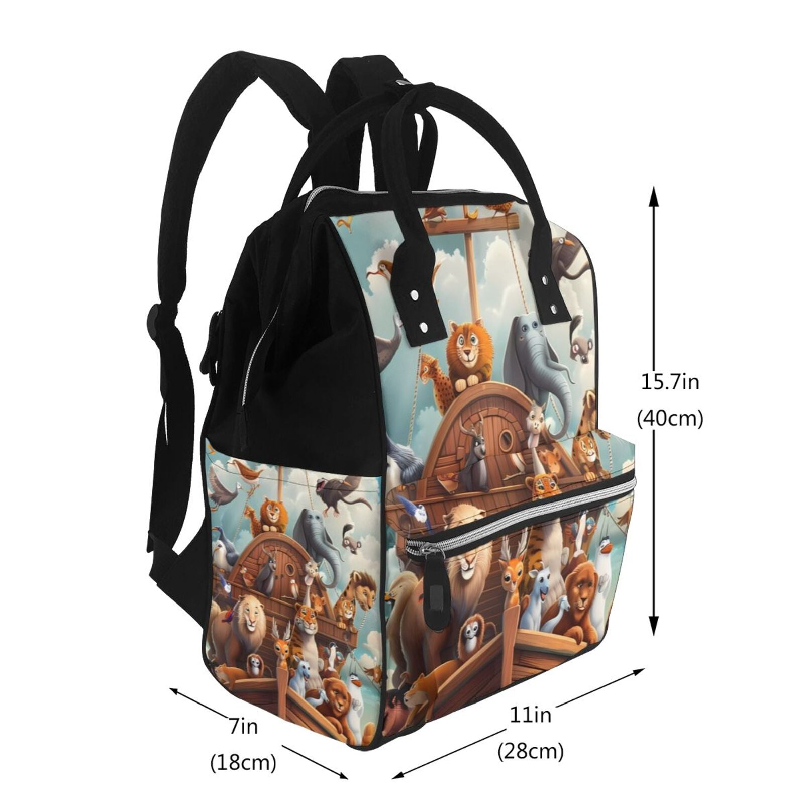 Ratiio Animal Filled Noahs Ark Mummy Backpack - Waterproof Twill Canvas, Large Capacity Diaper Bag with Multiple Pockets and Adjustable Straps