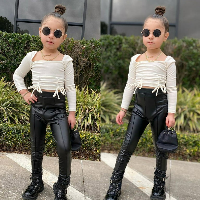 NIUREDLTD Toddler Kids Baby Girls Fall Winter Clothes Set Long Sleeve Off  Shoulder Tops PU Leather Pants Leggings Outfits size 120 