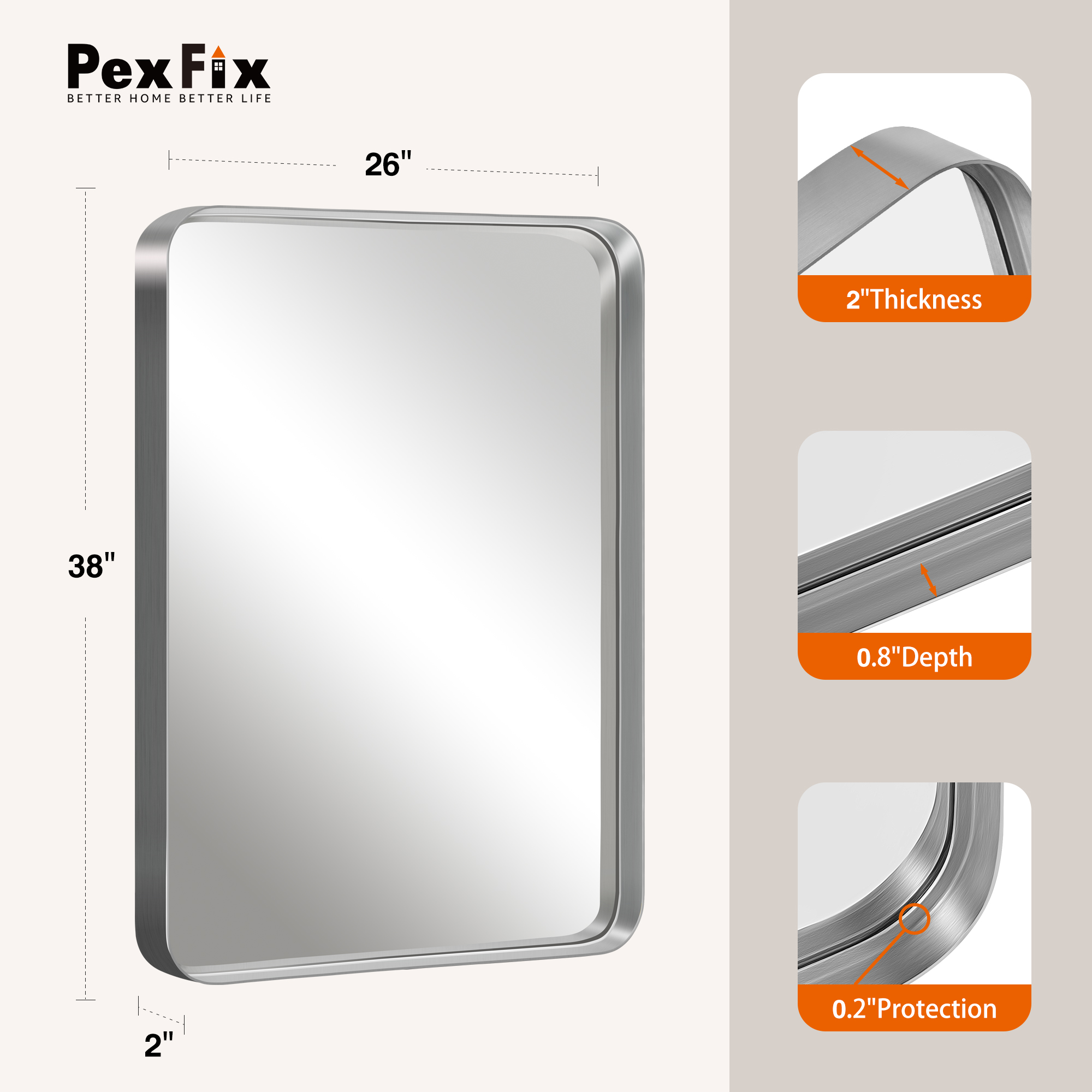 38"x26" Aluminum Alloy Wall Mount Rounded Corner Rectangular Mirror,Silver