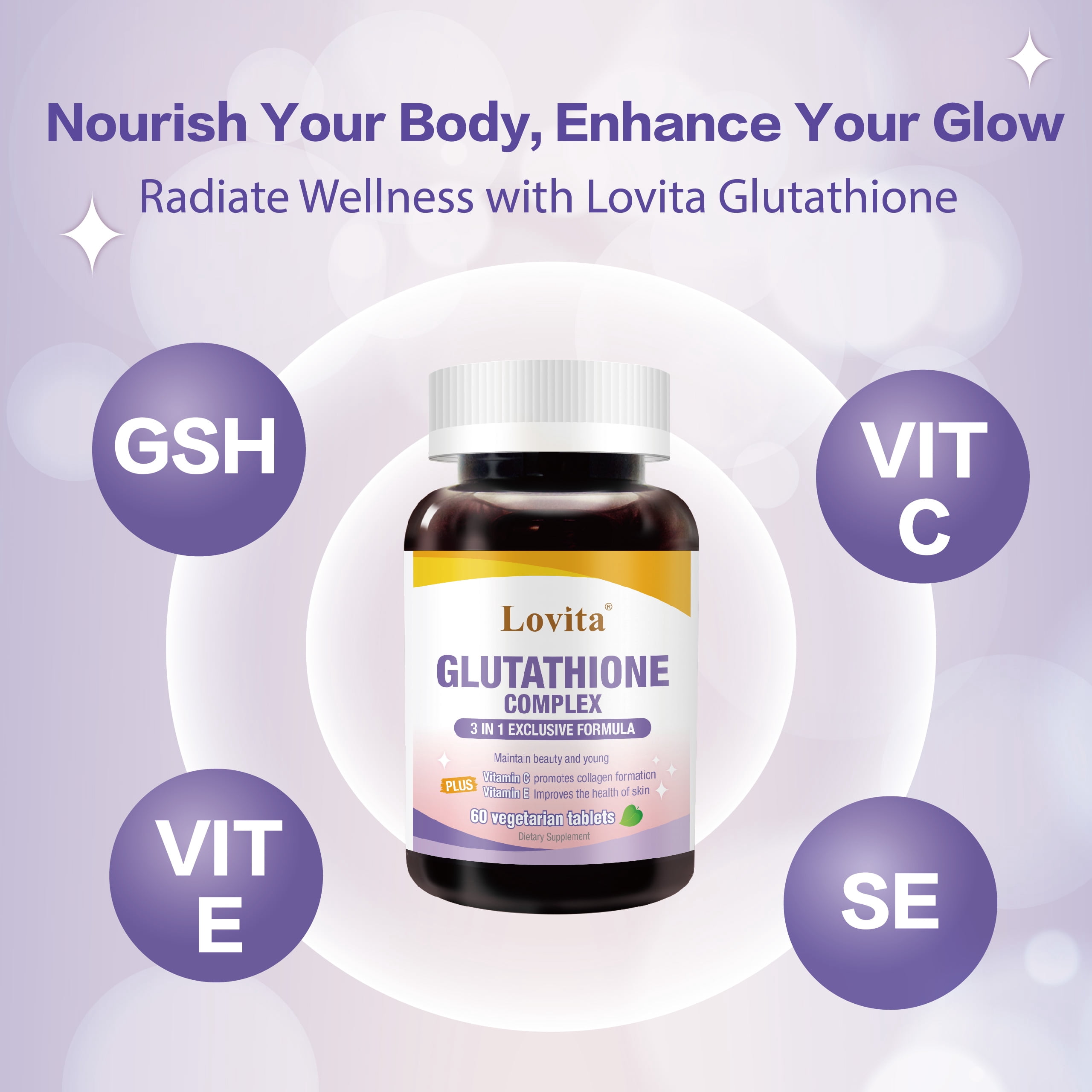 LOVITA Glutathione Complex 500mg for Radiant Skin & Immunity Support | 99.8% Purity with Vitamin C, Selenium & E, Vegan, Non-GMO, Gluten-Free 60 Vegetarian Tablets