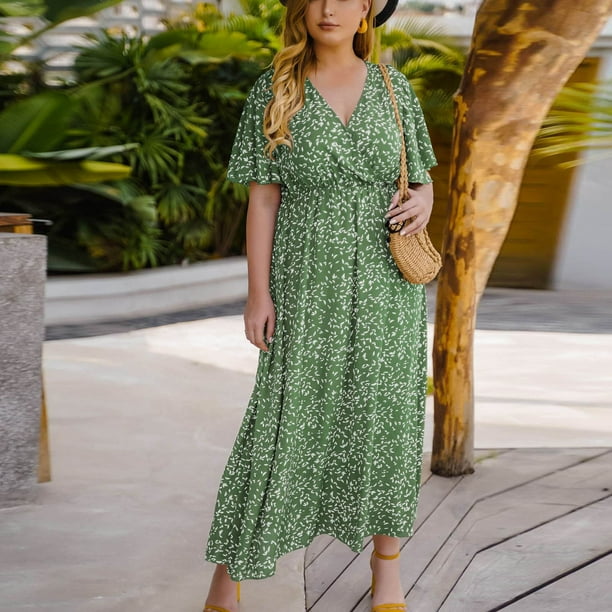 BELAROI Women's Plus Size Maxi Dress - V Neck Short Sleeve Summer T-Shirt Dress With Pockets & Side Split, Leaf Green 81, 3X