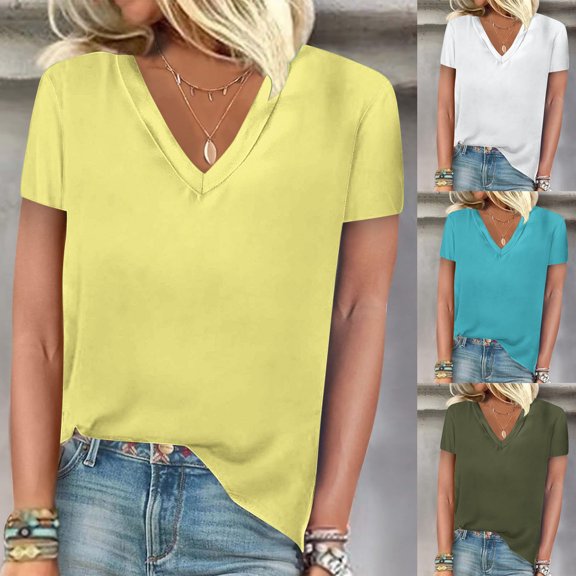 Rvasteizo T Shirts for Women Solid V Neck Short Sleeve Casual Light Summer Ladies Daily Breathable Pullover Blouse Top