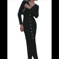 thumbnail image 2 of Vestido Midi de Punto Acanalado para Mujer, Estilo Informal, Cuello en V, Larga, Ajustado, para Otoño de 2025 Negro M, 2 of 9