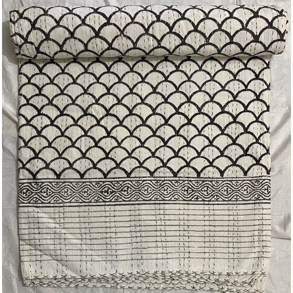 Black White Scallop Indian Kantha Quilt, Handmade Pure Cotton Block Print Bedspread, Hand Stitched Bedspread For Badroom