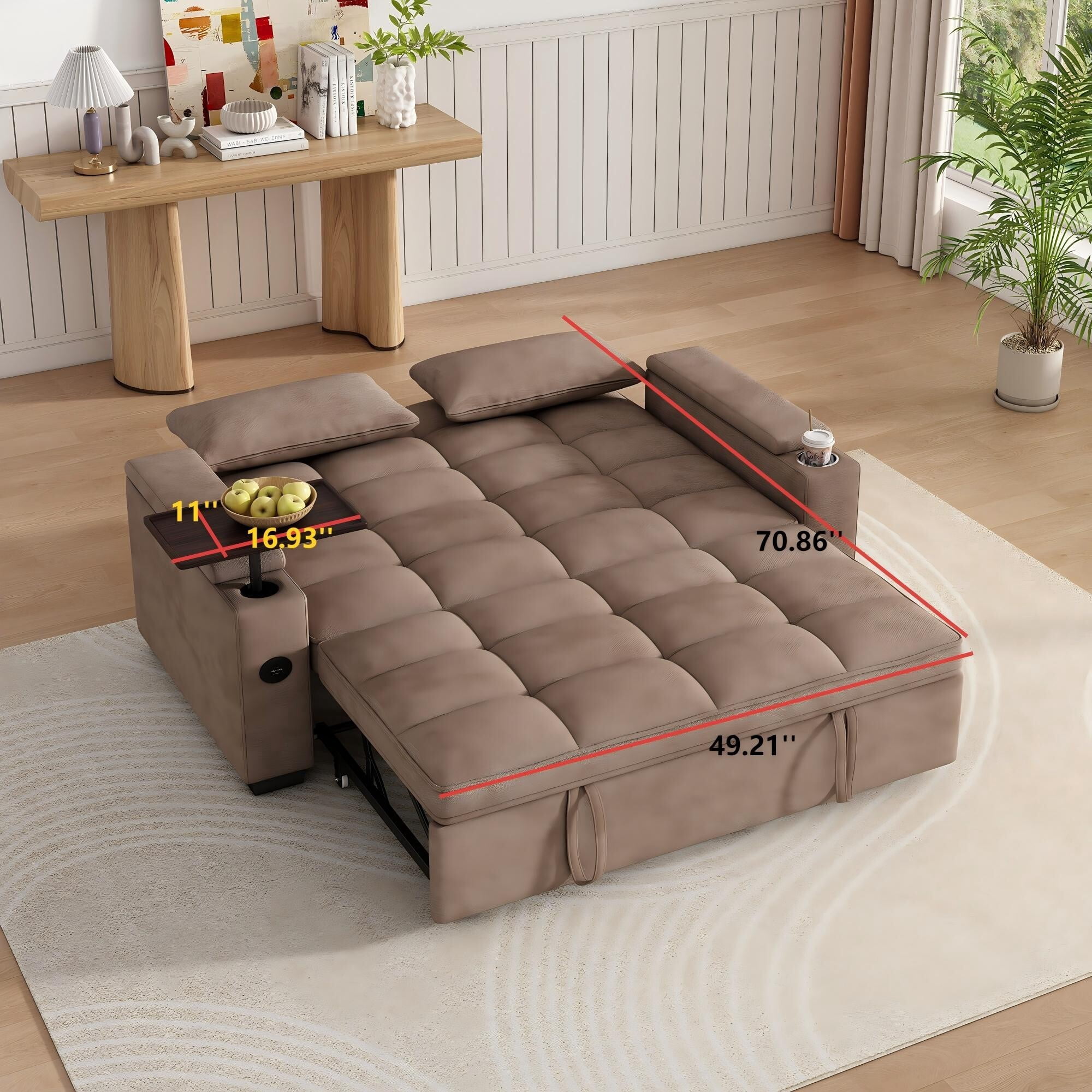 DEALTOPS 65" 3-in-1 Sleeper Sofa Bed, 3-Position Pull Out Couch with 90° Swivel Table, USB & Storage, Chenille, Brown