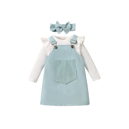 

Bmnmsl Kids Autumn Sets Solid Color Long Sleeves T-Shirt Overalls Dress Hair Band