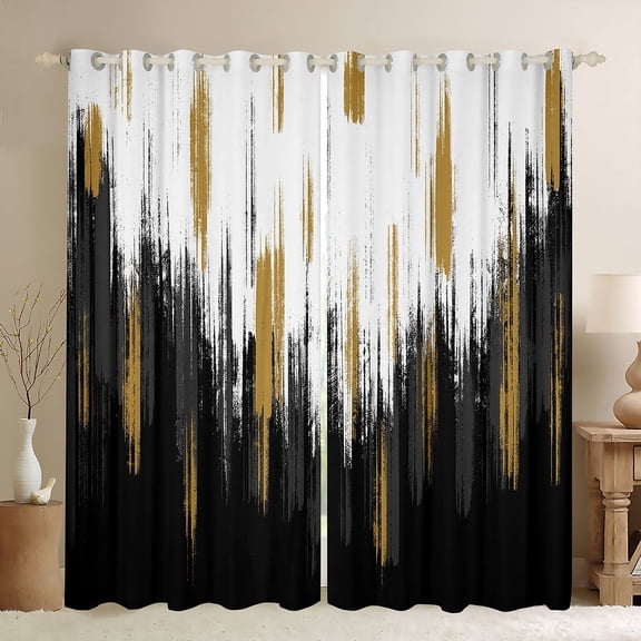 Manfei Abstract Oil Painting Black Out Curtains, Black Gold Ombre Curtains Pack of 2 (42x63 Each), Watercolor Brush Strokes Bedroom Curtains, Luxury Bedroom Decor