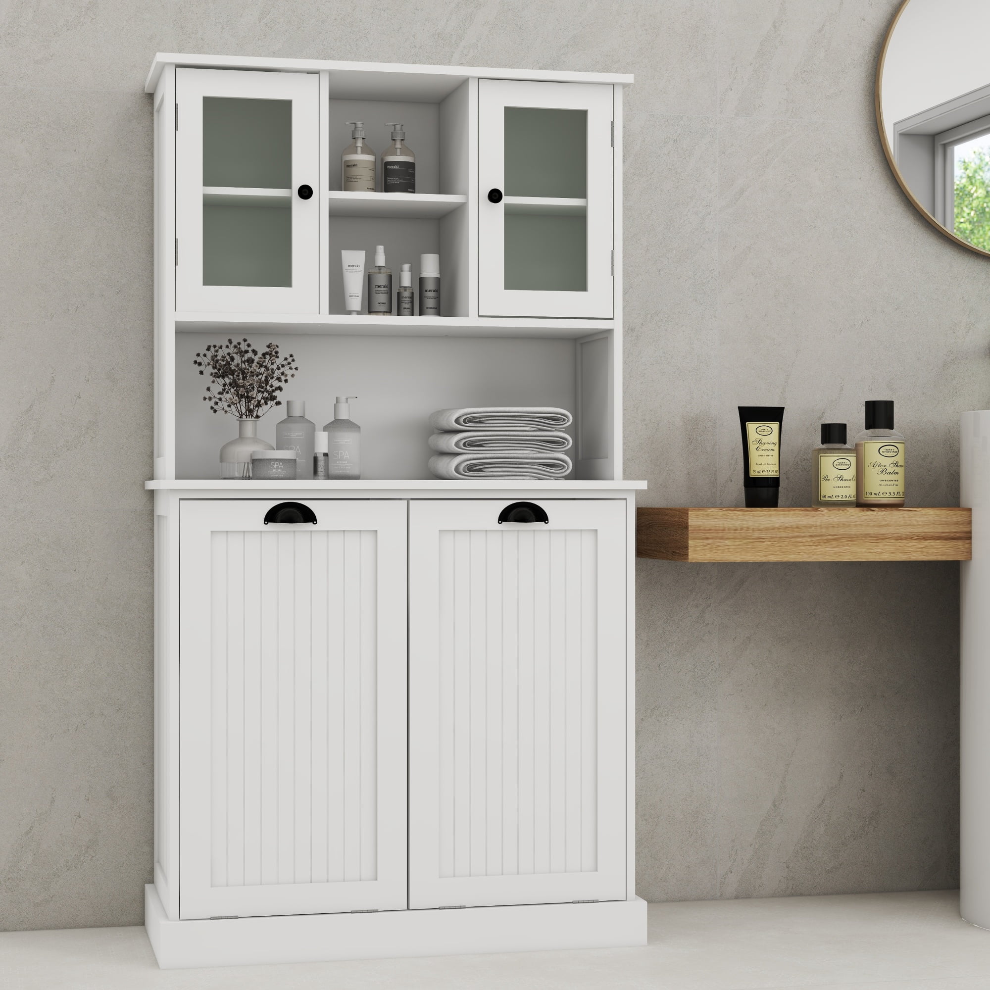 HOQBN Tilt-Out Laundry Hamper Cabine with 6 Compartment & 2 Adjustable Shelves,60"H Wooden Tall Bathroom Cabinet for Kitchen,Living Room,White