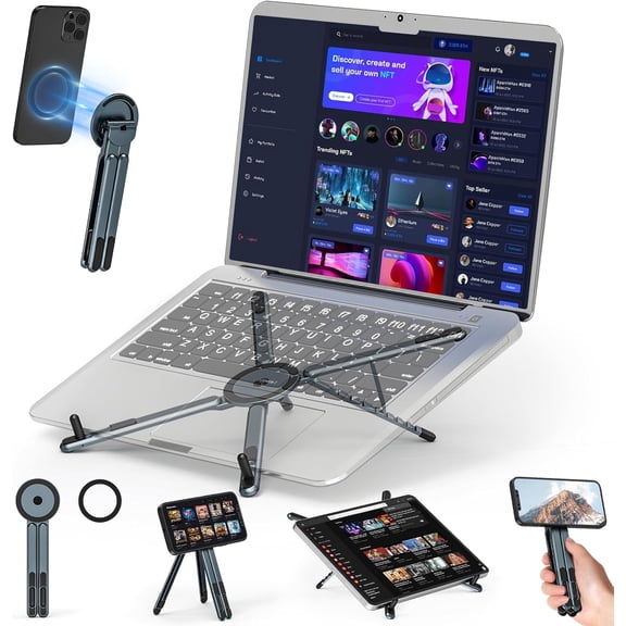 Portable Laptop Stand Travel, 3-in-1 Desk Tablet Mount Computer Holder Magnetic Phone Holder Tripod, for 10–15.6" Laptops and 4–13" Tablets/Phones, Compact Foldable Metal, 8-Level Height Adjustment