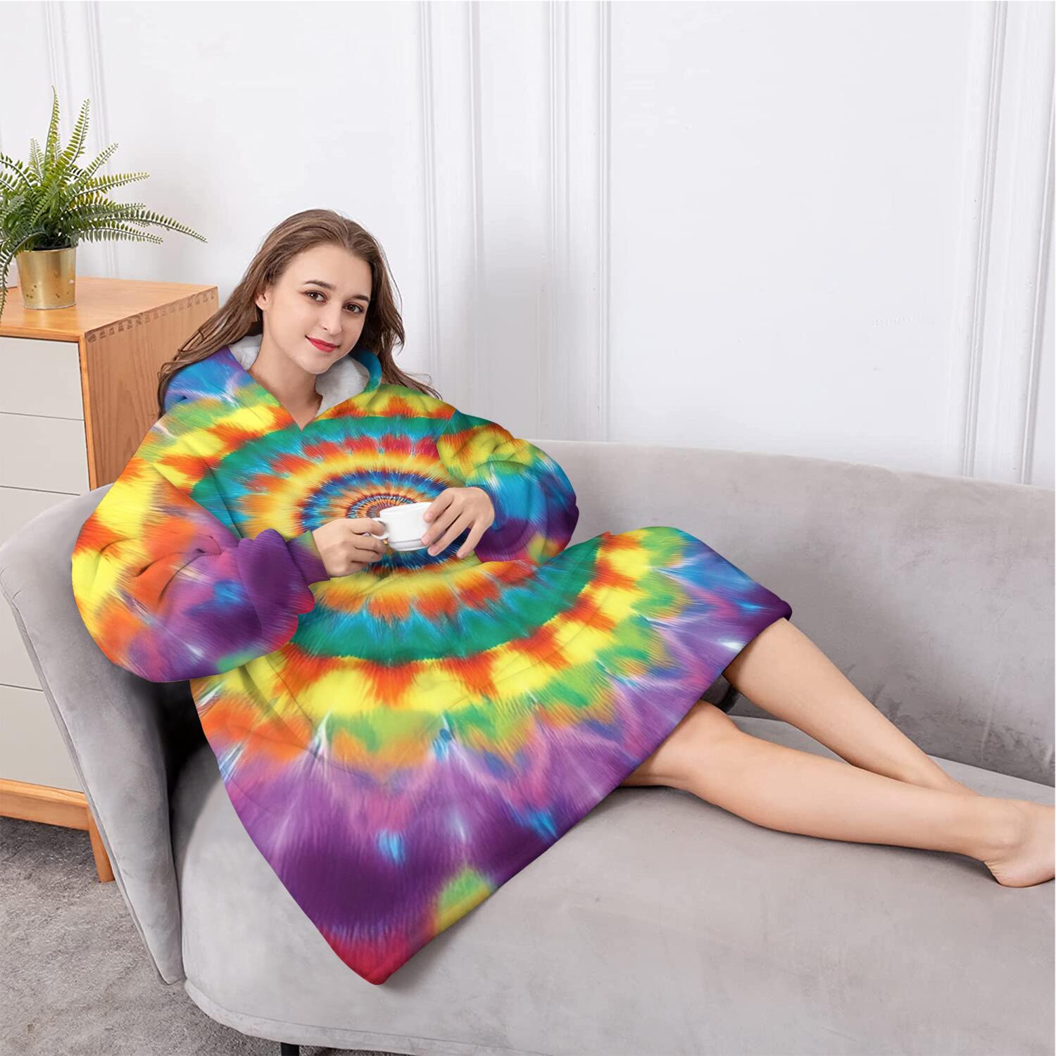 Oversized Wearable Blanket Hoodie,Colorful Rainbow Tie Dye Spiral Pattern Sherpa Blanket Hoodie with Super Pockets,Super Warm Fuzzy Pullover for Women & Men