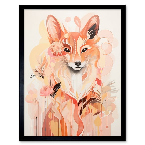 Floral Fox Spirit Animal Boho Calm Pastel Colour Artwork Orange Pink Abstract Woodland Creature Flowers Art Print Framed Poster Wall Decor 12x16 inch