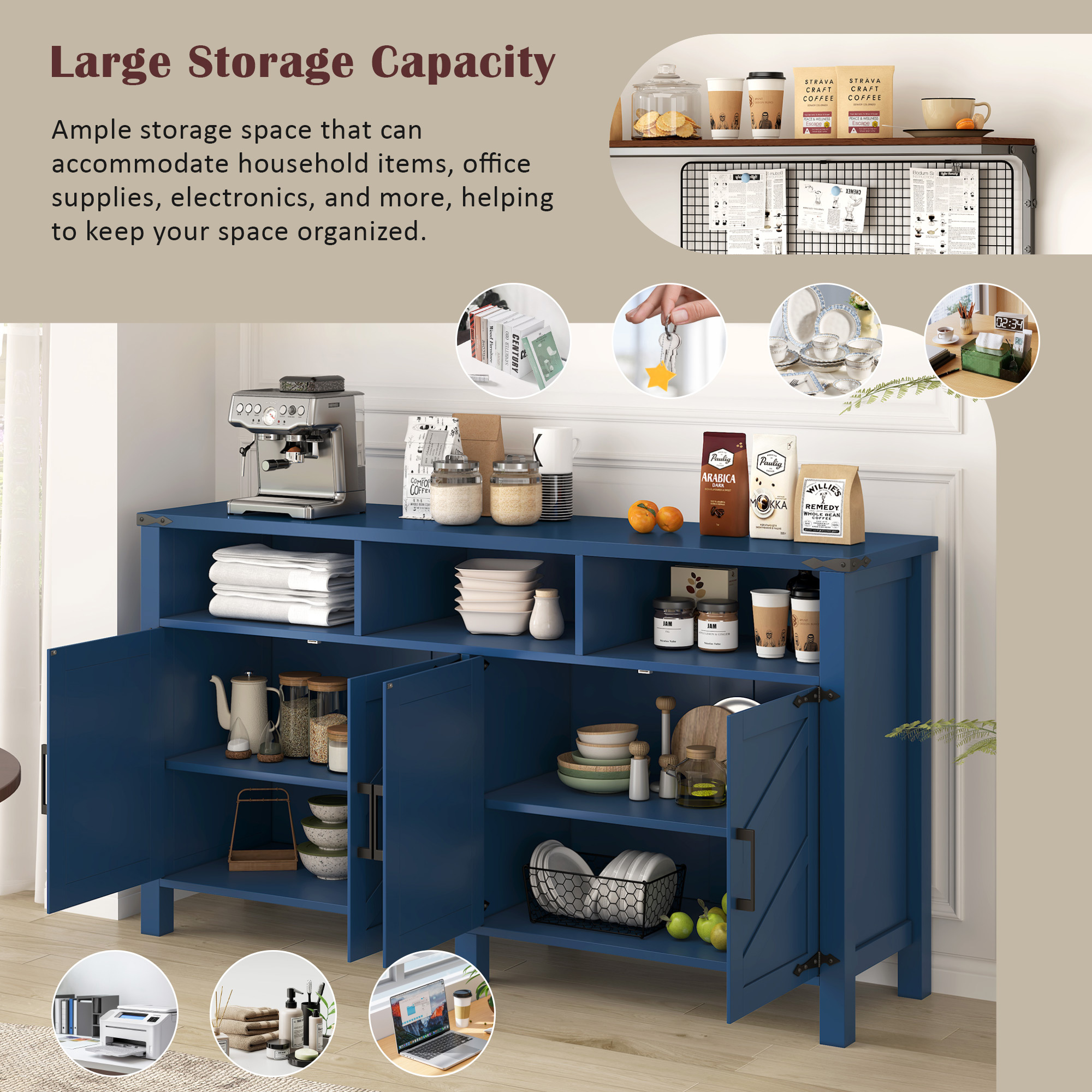 Euroco 59" Large Sideboard Buffet Cabinet with Storage, Wood Coffee Bar Station with Charging Station,Adjustable Shelves and Open Storage Shef for Living Room,Dining Room,Navy Blue