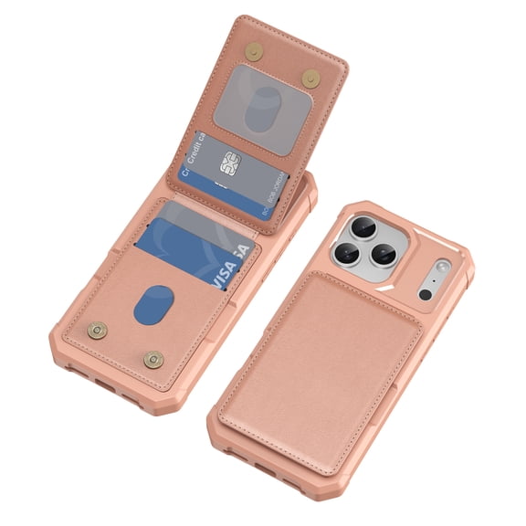 for iPhone 18 Pro Max Case Wallet Credit Card Holder, Back Pocket Flip Kickstand Phone Cover Premium PU Leather TPU Bumper Anti-Scratch Shockproof Protective Rugged Shell, Rosegold