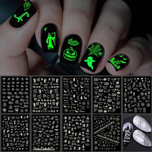 TailaiMei 15 hojas de pegatinas de uñas de Halloween que brillan en la oscuridad, diseño fluorescente, pegatinas de uñas autoadhesivas, puntas de arte de uñas para mujeres, manicura