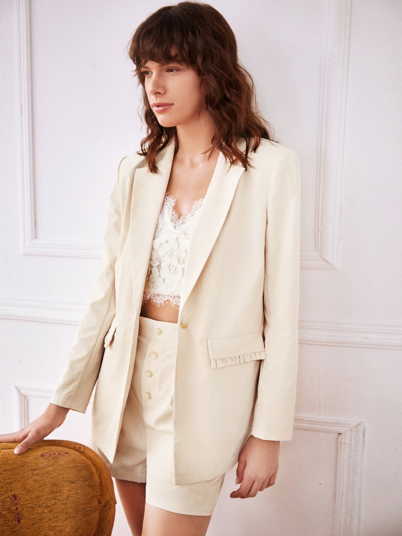 Women's Lapel Neck Lettuce Trim Blazer 