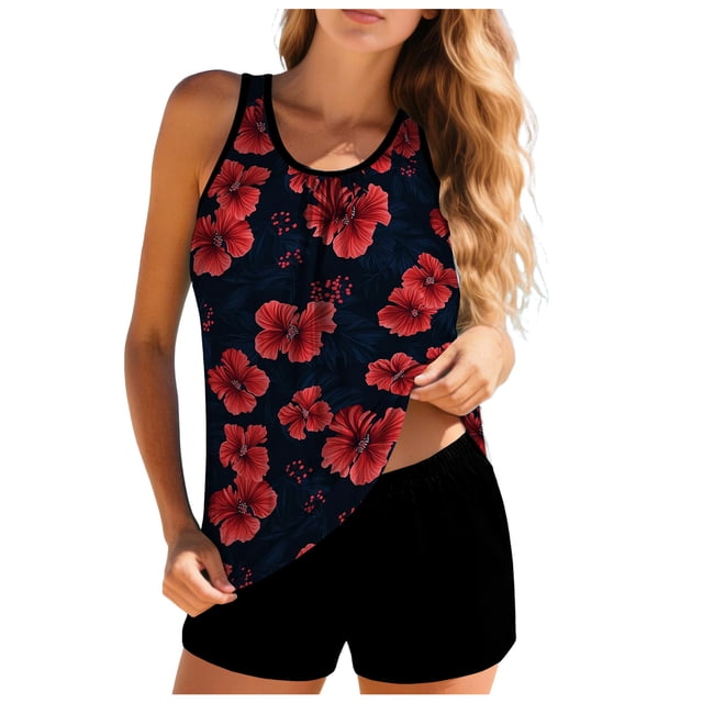 adviicd Swimsuit Tops Women Ruffle High Waisted Tankini Swimsuit Tummy Control Bathing Suit(Red,S)