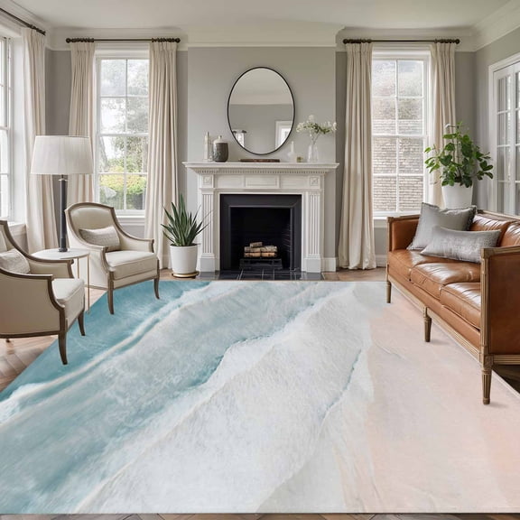 8x10 Area Rugs, Beach Blue Non-Skid Rubber Backing Large Rectangle Rugs - Living Room Bedroom Home Office, Gradient Ocean Waves Seashore Sunset Indoor Floor Mat Carpets Washable Rug