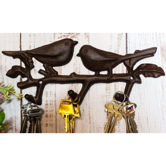 Cast Iron Rustic Lovebirds Perching On Leafy Twig Branch 3-Pegs Wall Coat Hook