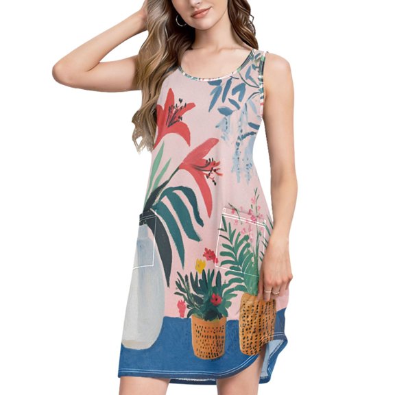 FORMRS Summer Dress for Women Loose U Neck Sleeveless Midi Beach Sundresses with Pockets, Flowers and Leaves