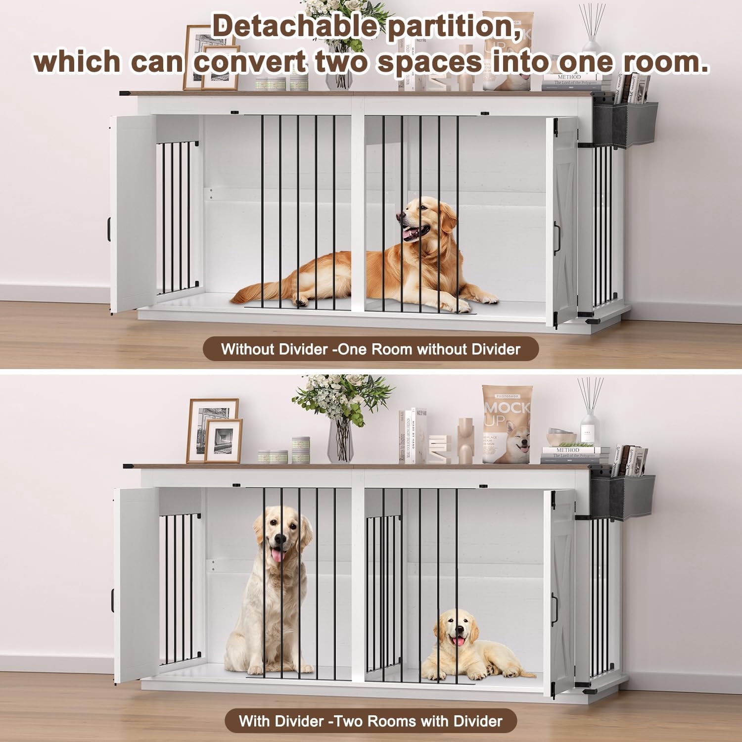 72.4" Double Dog Crate Furniture, Heavy Duty Wooden Kennel with Divider, XL Dog Cage TV Stand for Medium Large Dogs Indoor (No Drawers)