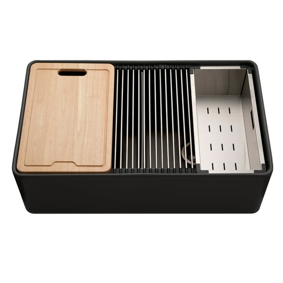 Houzer Aspire 33 in Matte Black Fireclay Apron Front Farmhouse 50/50 Double Bowl Workstation Sink with Accessories - PTW-3320SD BL
