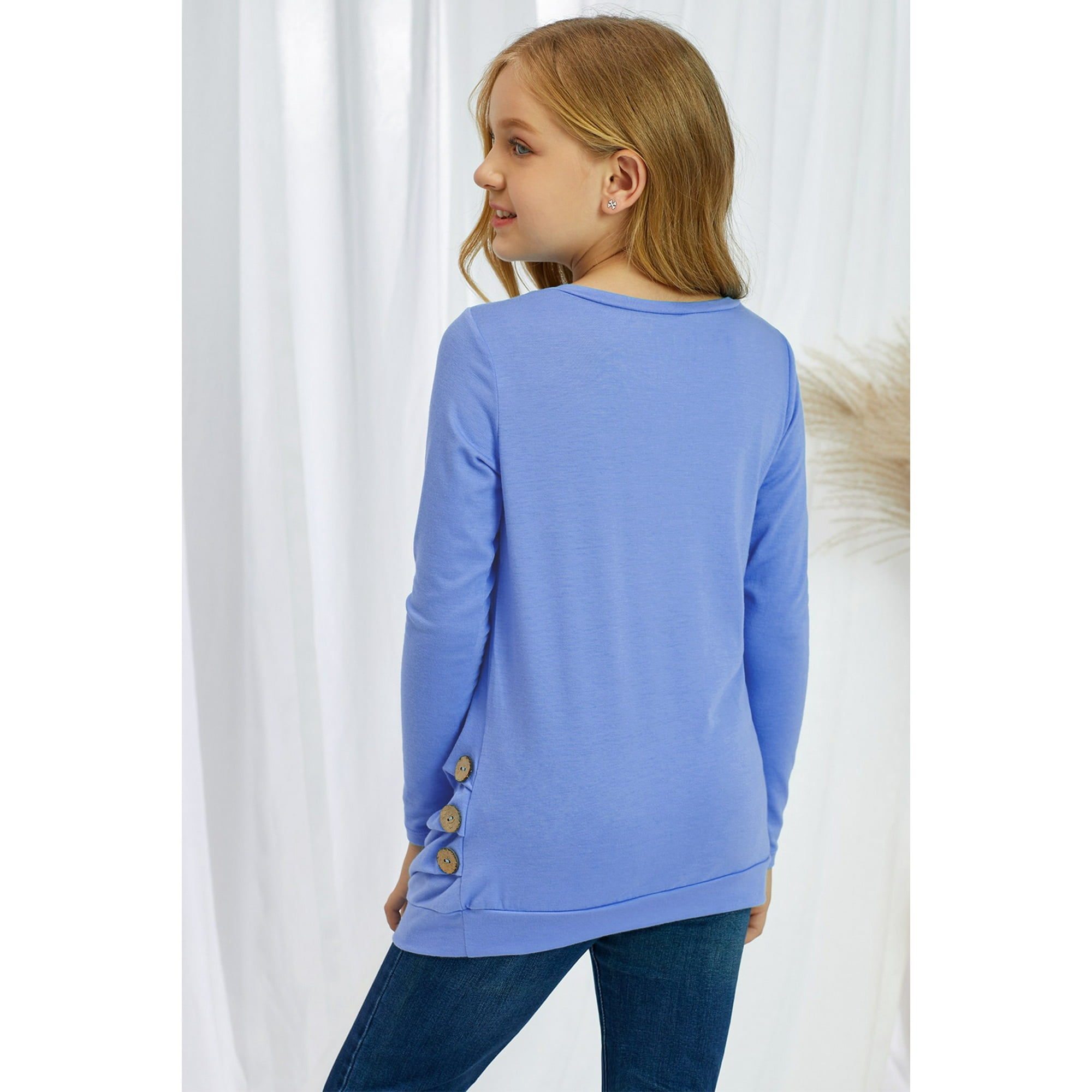 Poglip Women s Sky Blue Little Girls Long Sleeve Buttoned Side Top