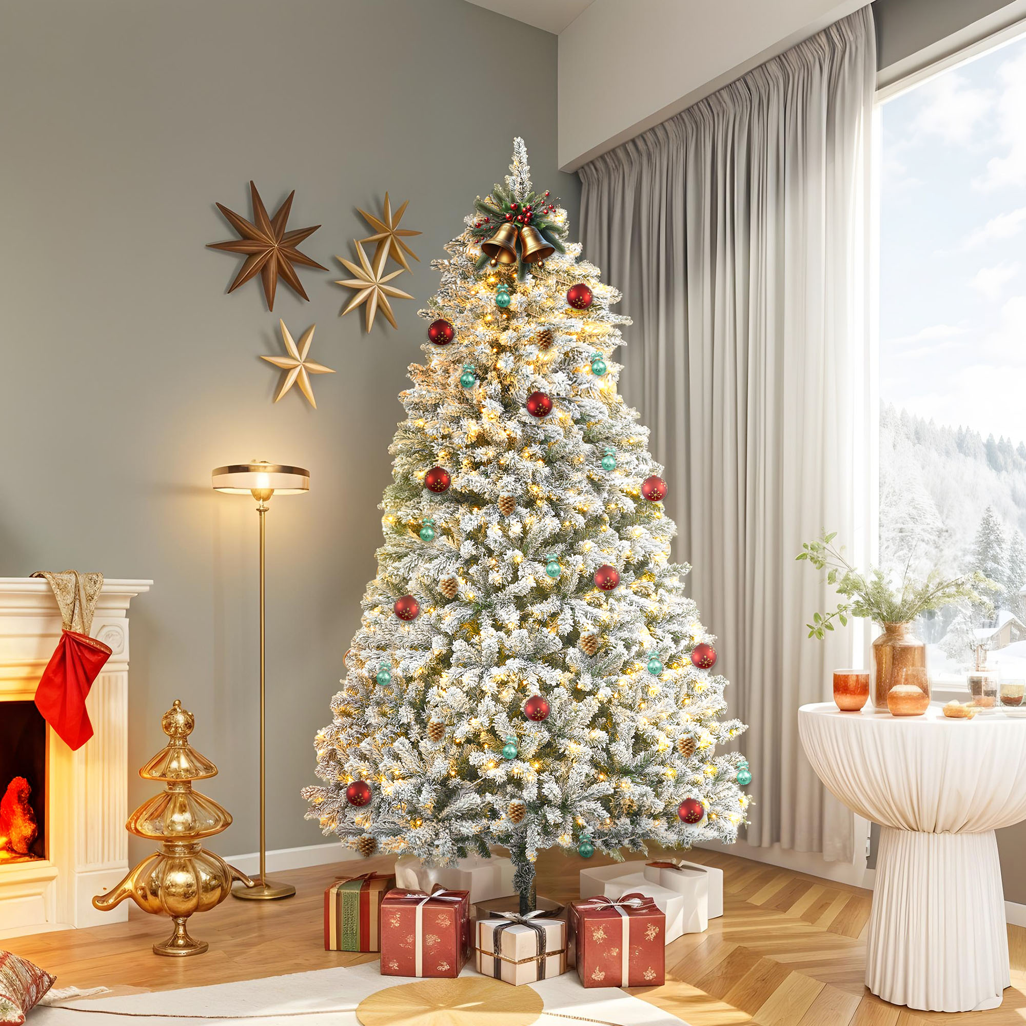 Uforic 7.5ft Pre-lit Snow Flocked Christmas Tree with 1450 Branch Tips & 550 Lights, Christmas Pine Tree with Remote, 11 Light Modes,Green