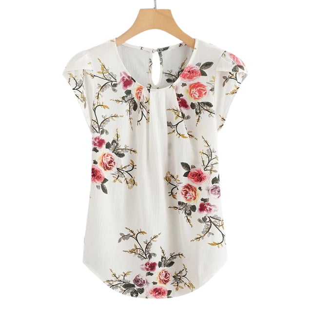 Blouses Décontractées pour Femmes Col Rond Chemise Fleur Plissée Ajustée Imprimée Manches Courtes Hauts et Blouses Manches 3/4 en Solde