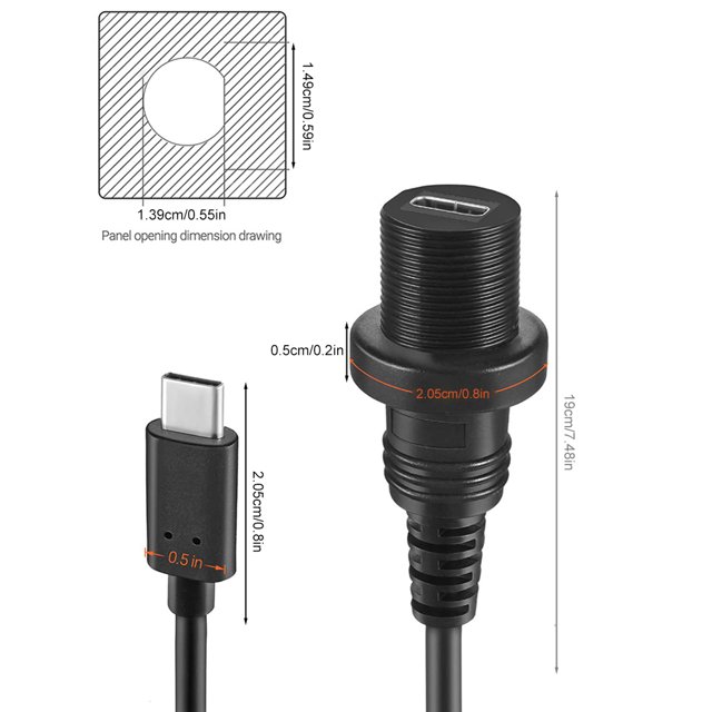 Cable 1M Tipo C 3.1 Montaje empotrado 10Gbps Montaje en panel para panel de tablero de automóvil