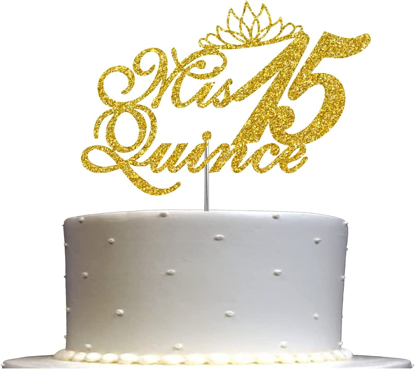 Mis Quince 15 Quinceanera Glitter Cake Topper, Fifteen Birthday Party Decorations Ideas, Sturdy Doubled Sided Glitter, Acrylic Stick (Gold)