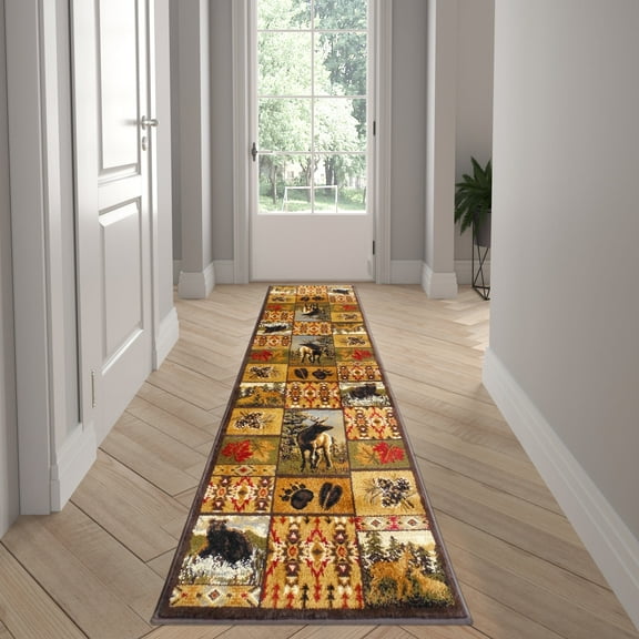 Emma   Oliver 2x7 Rustic Cabin Olefin Accent Runner with Bear and Elk Scenes in Full Color with Southwestern Geometric Accents and Jute Backing