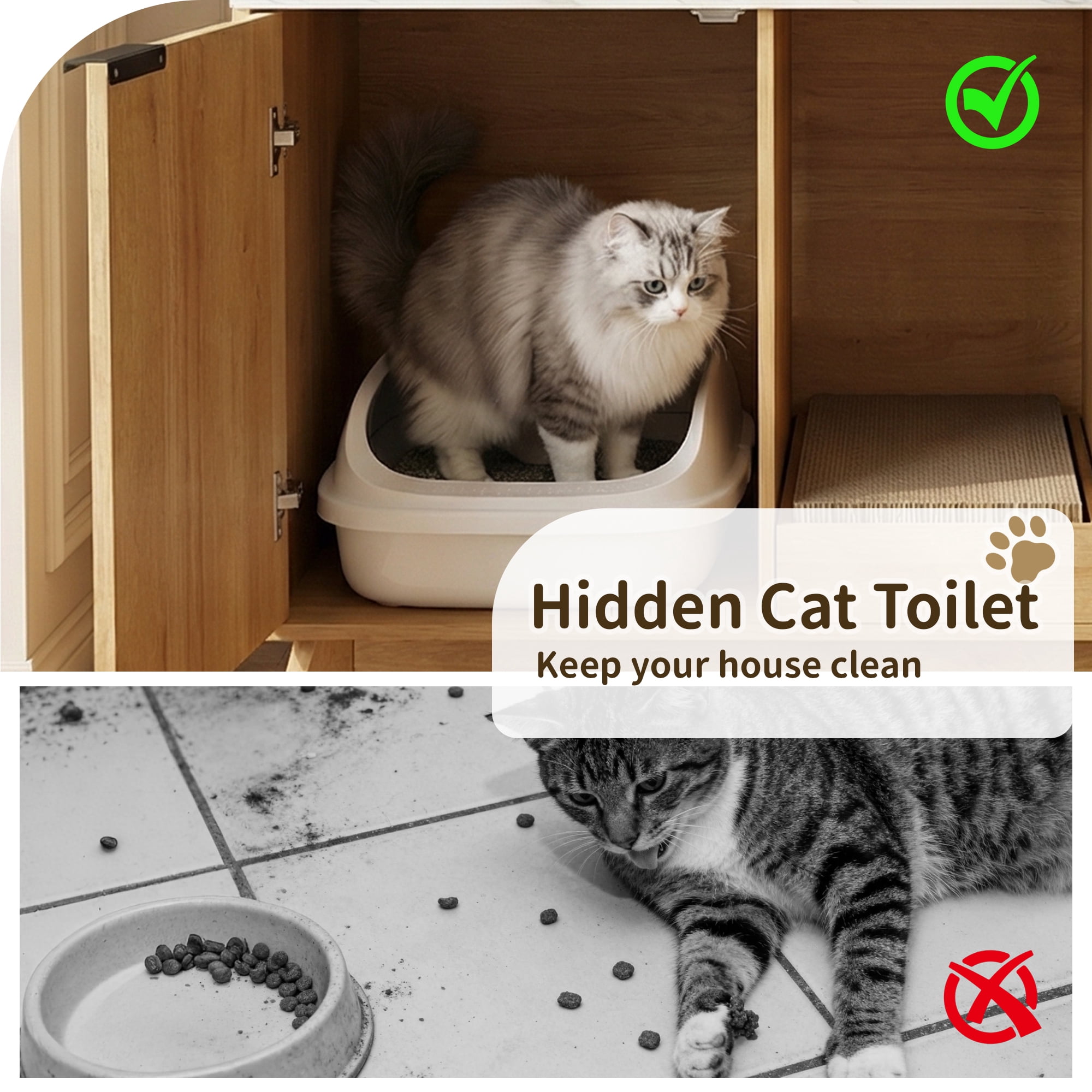 YDN Modern Litter Box Enclosure for Cats- 47" Indoors Hidden Cat Litter Box Furniture for 2 Cats, Wooden Cats Washroom Side Cabinet with Scratching Pad for Most Cat Litter Box,Nature