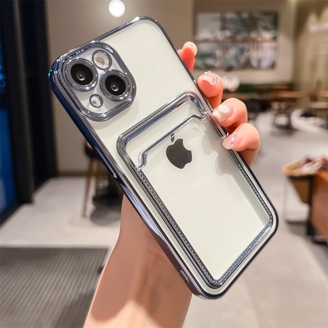 Electroplated Transparent Card Holder Wallet Case For iPhone 11 12 13 14 15 16 Pro Max Photo Pocket Shockproof Silicone Cover Blue For iPhone 11 ProMax