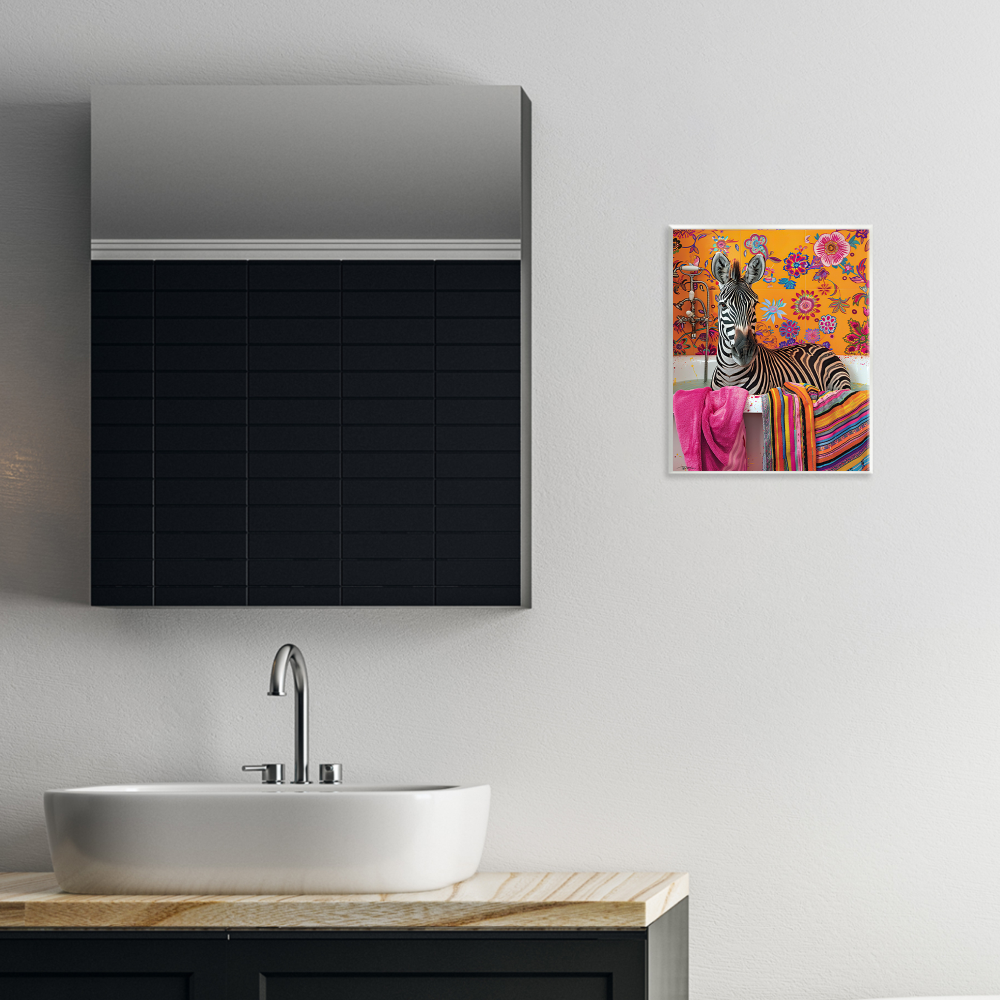 Zebra Bath with Colorful Towel Wall Plaque Art, design by Momart