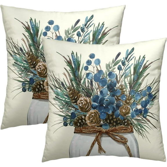 Christmas Pinecone Throw Pillow Covers 16x16 Set of 2, Pine Twigs Stems Picks Winter Decorative Pillow Cases Farmhouse Cotton Cushion Cover for Couch Sofa Bed Home Decor