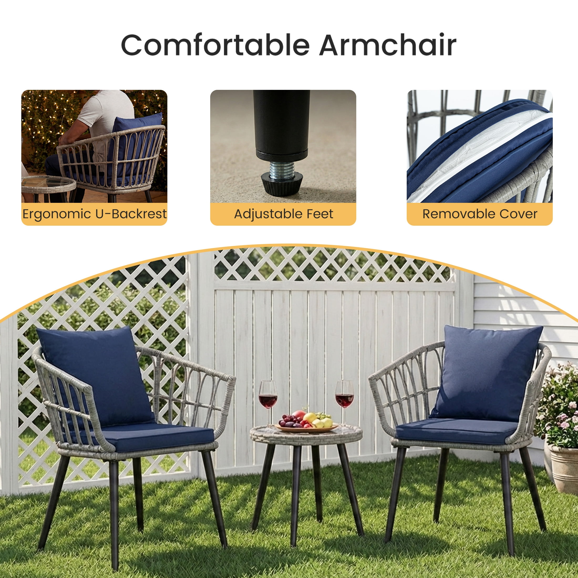EDX 3 Piece Outdoor Patio Wicker Furniture Set, Rattan Chairs with Tempered Glass Coffee Table, Sturdy Steel Frame, Washable Cushions, for Balcony Backyard Poolside Lawn,Blue