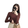 thumbnail image 1 of Suéter de punto Mujer Cuello redondo Manga larga Camiseta delgada de color sólido, Bronceado claro Inevent AP001441-07, 1 of 7