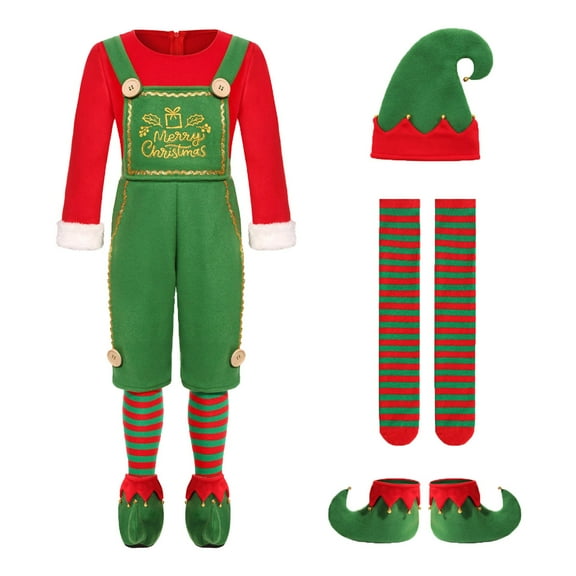 oqasdz Christmas Outfits Adult Elf Set Dress Up Color Matching Red and Green Stage Performance Jumpsuits with Hat Party Theme Events