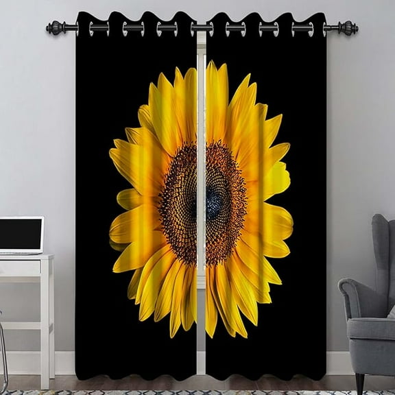 Sunflower Blackout Curtains Country Vintage Art Design Floral Window Drapes For Bedroom Living Room Farmhouse Sunflower Black Kitchen Curtains With Grommets 26"W x 45"L (Pack of 2)