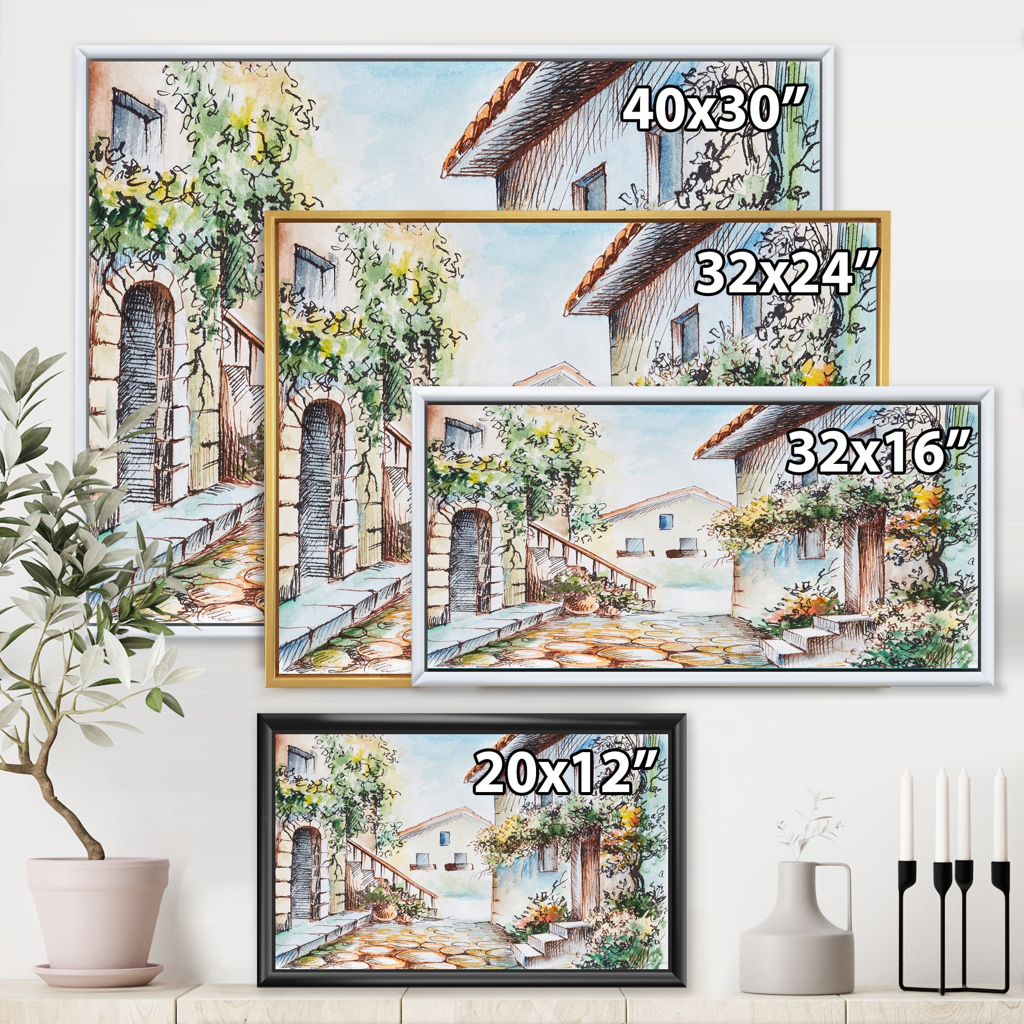 Sunny Day At The Vintage City Cozy Street 32 in x 24 in Framed Painting Canvas Art Print, by Designart