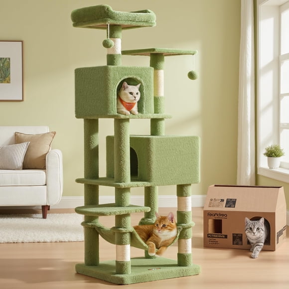 Rascador para Gatos Feandrea 155 cm Condo de Niveles Múltiples de Peluche Verde