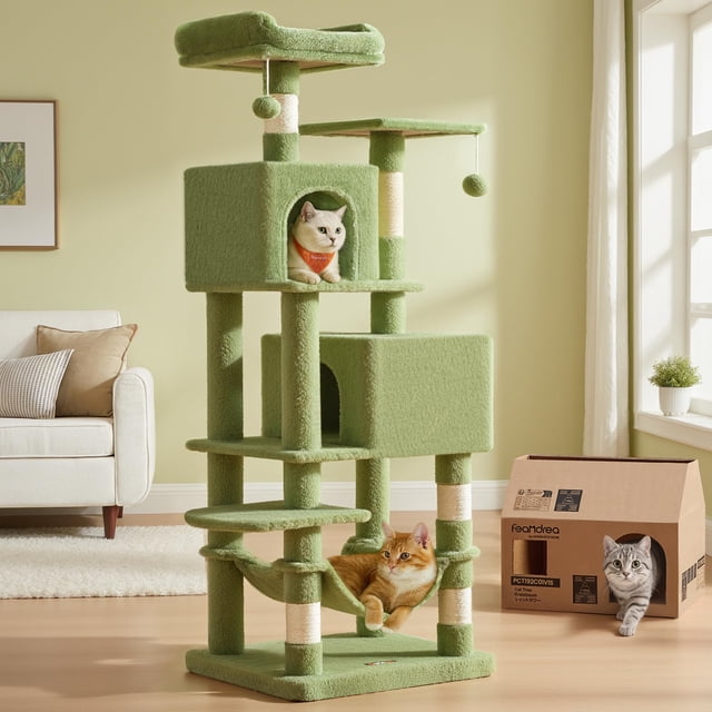 Rascador para Gatos Feandrea 155 cm Condo de Niveles Múltiples de Peluche Verde