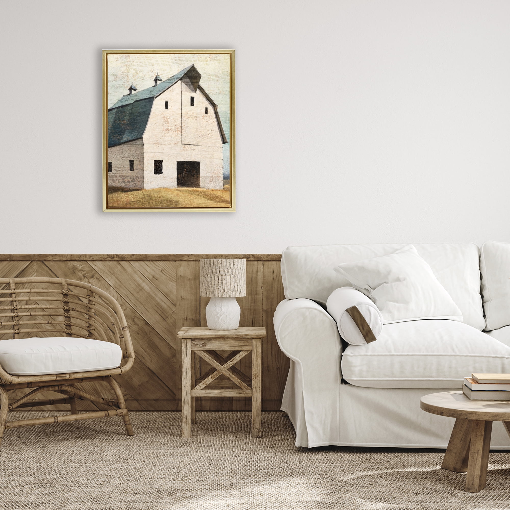 Stupell Industries Rustic Big Barn Blue Gold Framed Floater Canvas Wall Art, design by Susan Jill