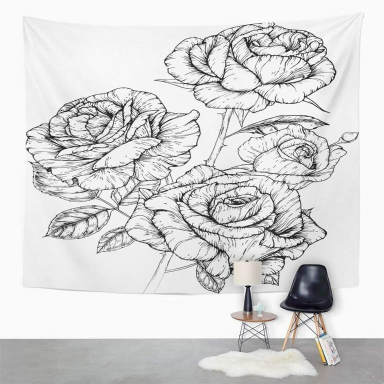 UFAEZU Black Rose Flowers Drawing and Line White Beautiful Beauty