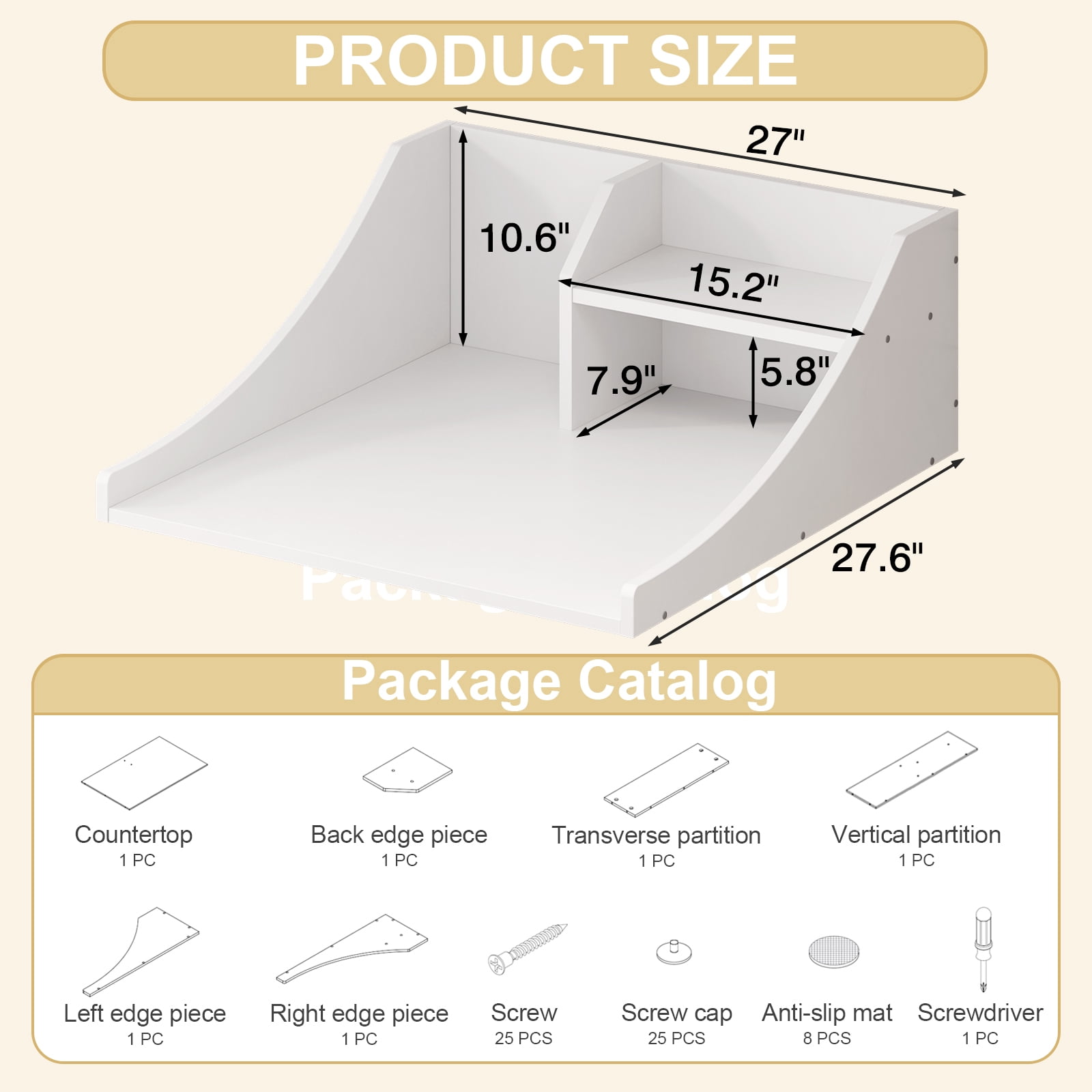 Tarnorci 27 Single Counter Top for Washer Dryer with Storage Shelf，Side Edge,Laundry Room Organization Accessories