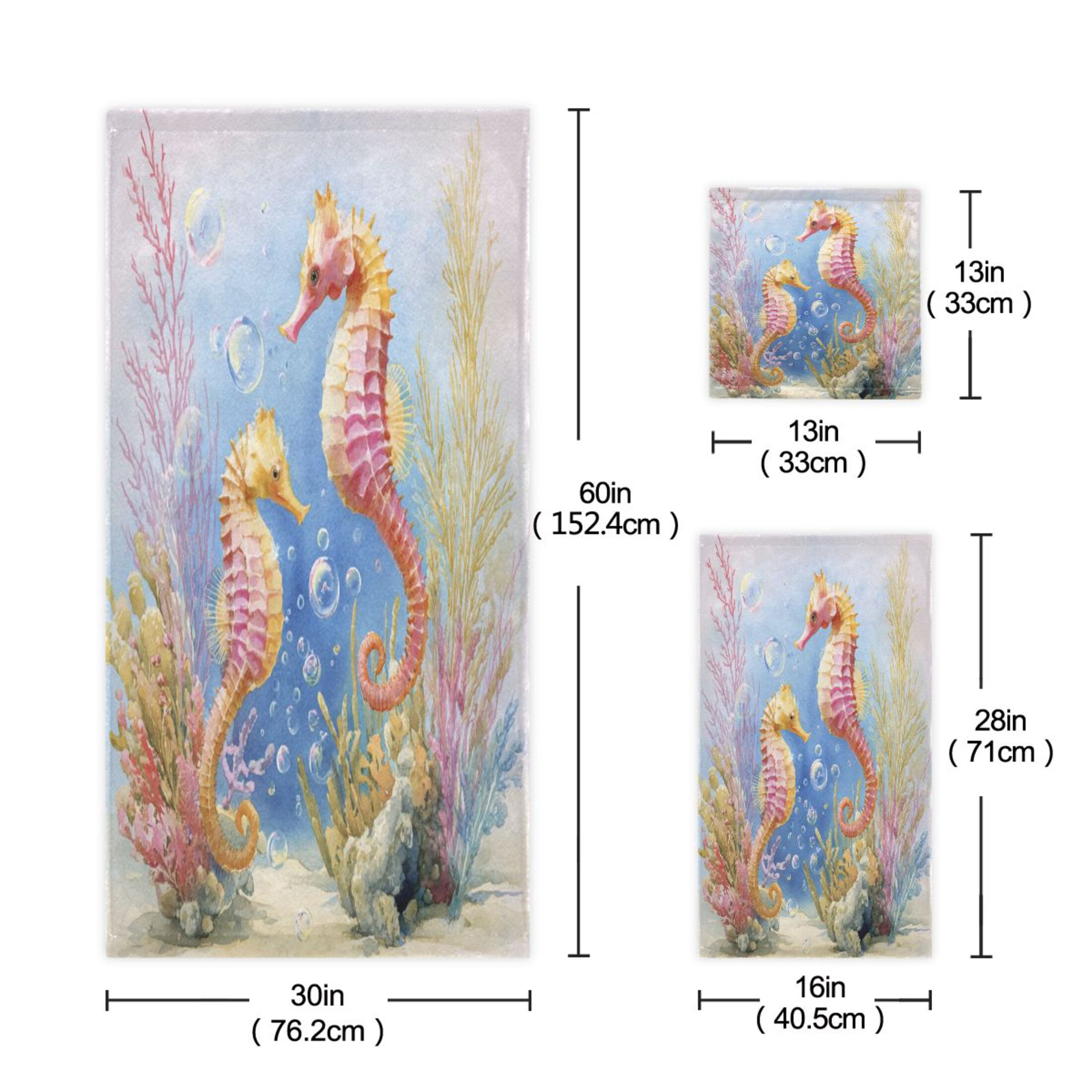 3 Piece Bath Towels Set Bath Towel, Hand Towel and Face Towel for Bathroom, Gym, Hotel Cute Seahorse Pattern