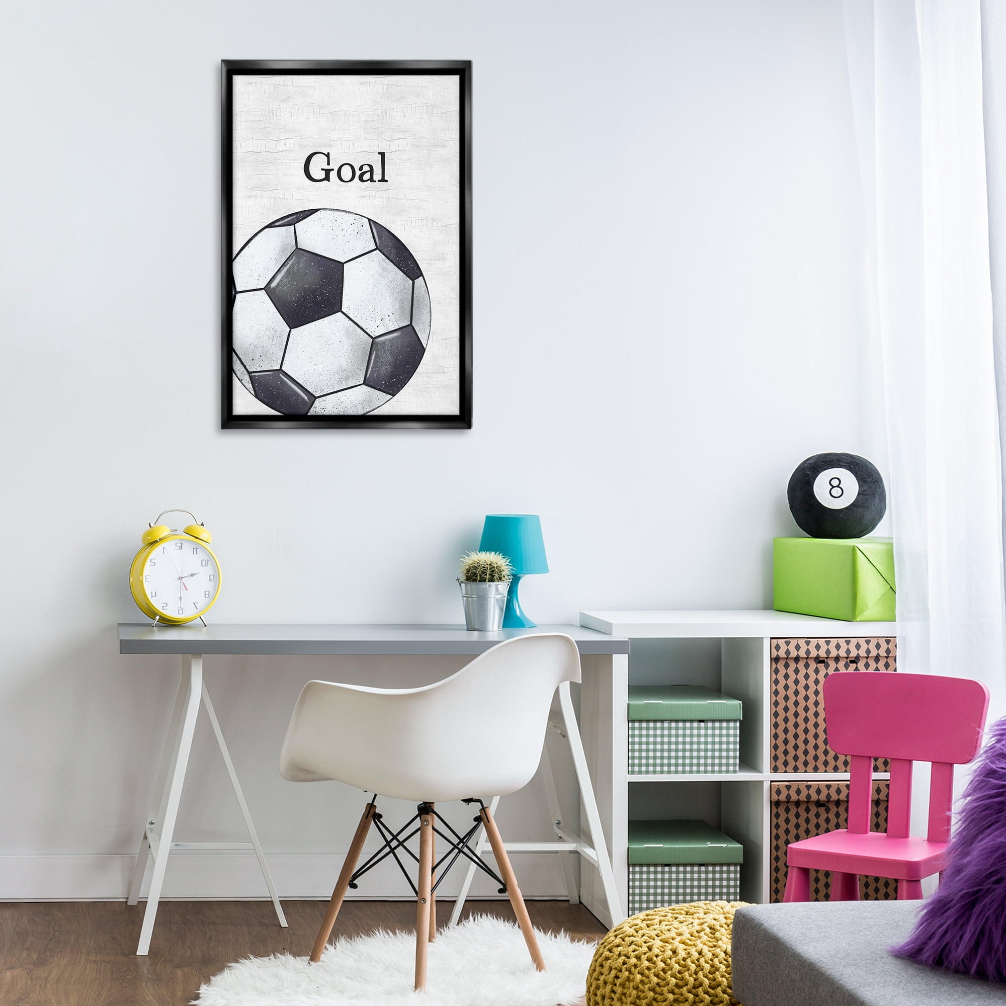 Stupell Industries Soccer Ball Goal Sports Painting Black Floater Framed Canvas Art Print Wall Art, 21 x 31