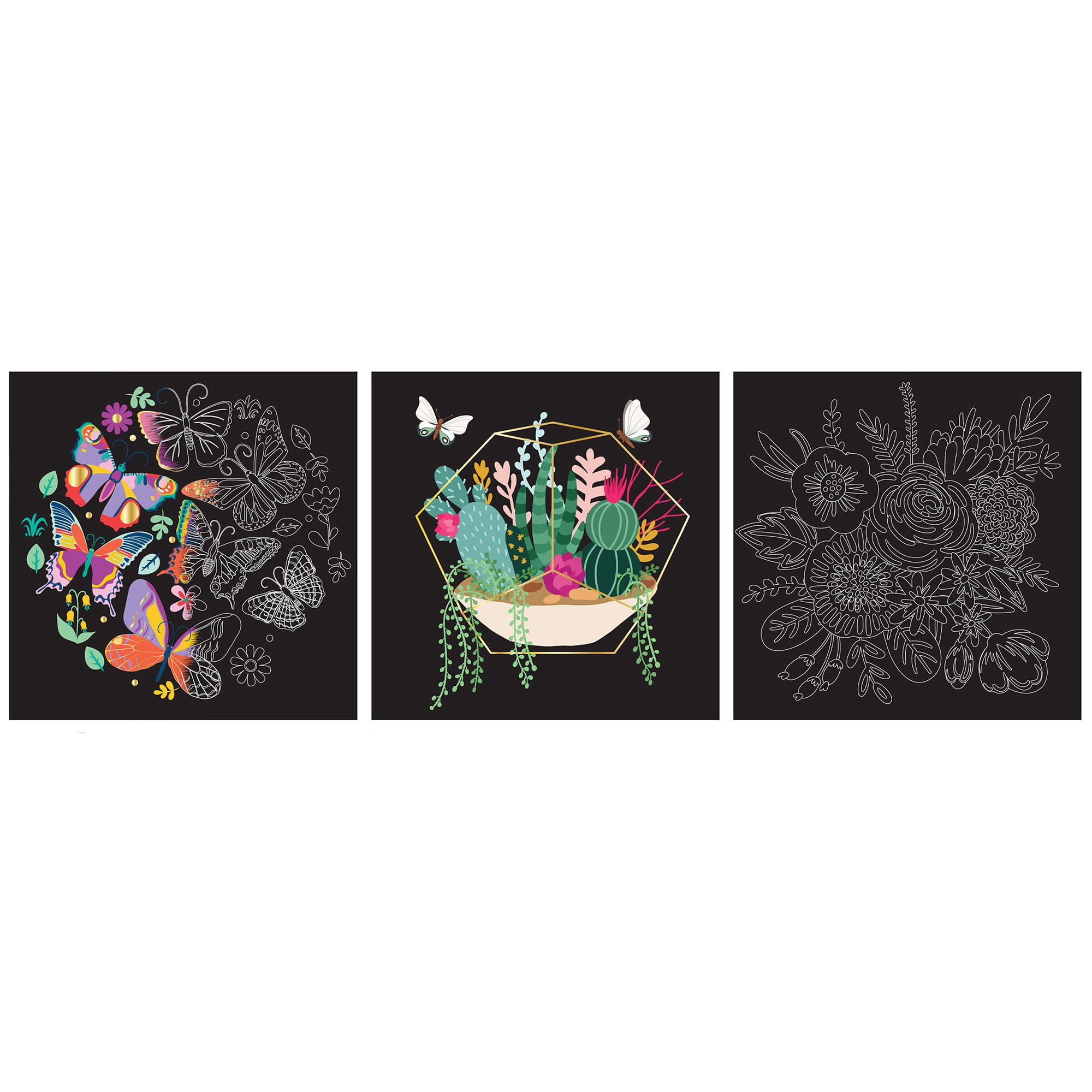 Brea Reese: Scratch Art Paper Pad - Butterfly - 12 Sheets, 6 Guided Nature Designs, Metallic Accents, Dual-Tip Stylus & Brush, 8x8" Pages, Adult Craft