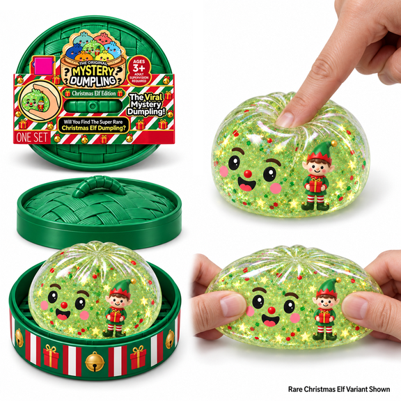 Mystery Dumpling Squishy Toy with Glitter and Christmas Elf Design, 3.3 Inches, Clear Design with Green Steamer Basket, for Kids, Squeeze Toy