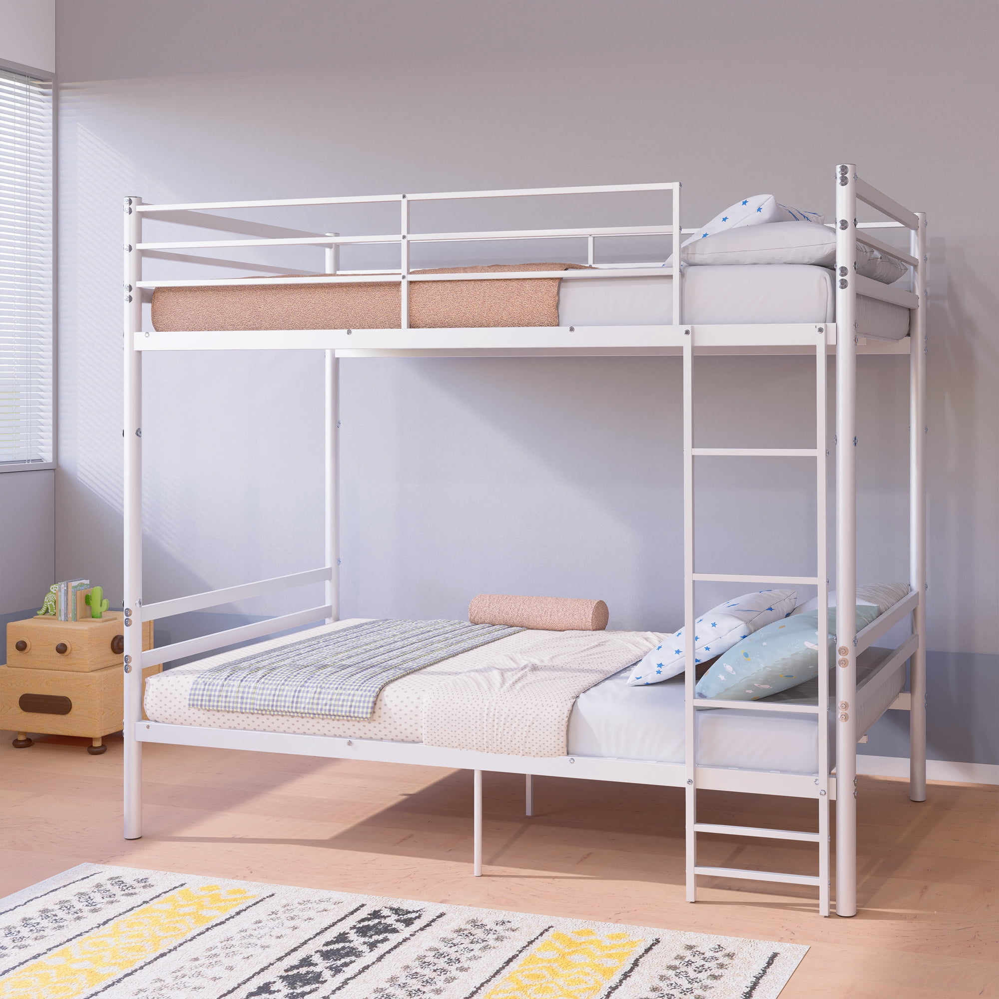 Leumius Bunk Bed Twin Over Twin for Boys Girls,Metal Twin Size Bed Frame with 13.7 Inch High Safety Guardrail & Sturdy Ladder,Converts to 2 Beds,White